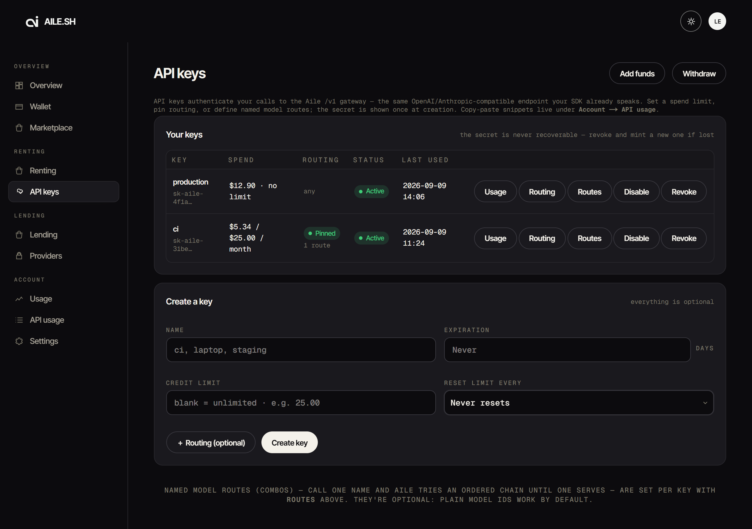 The API keys tab, listing caller keys with limits and filters
