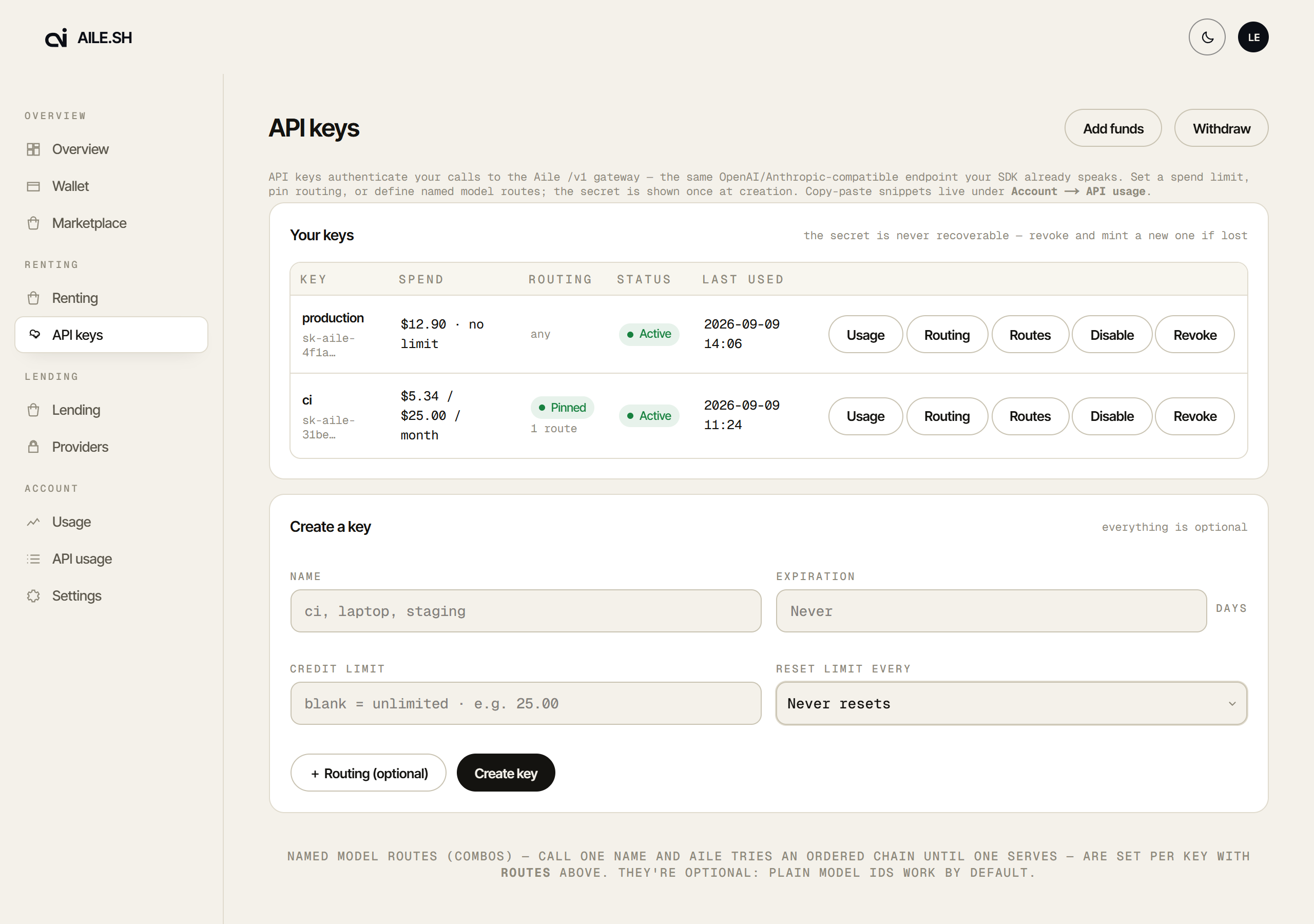 The API keys tab, listing caller keys with limits and filters