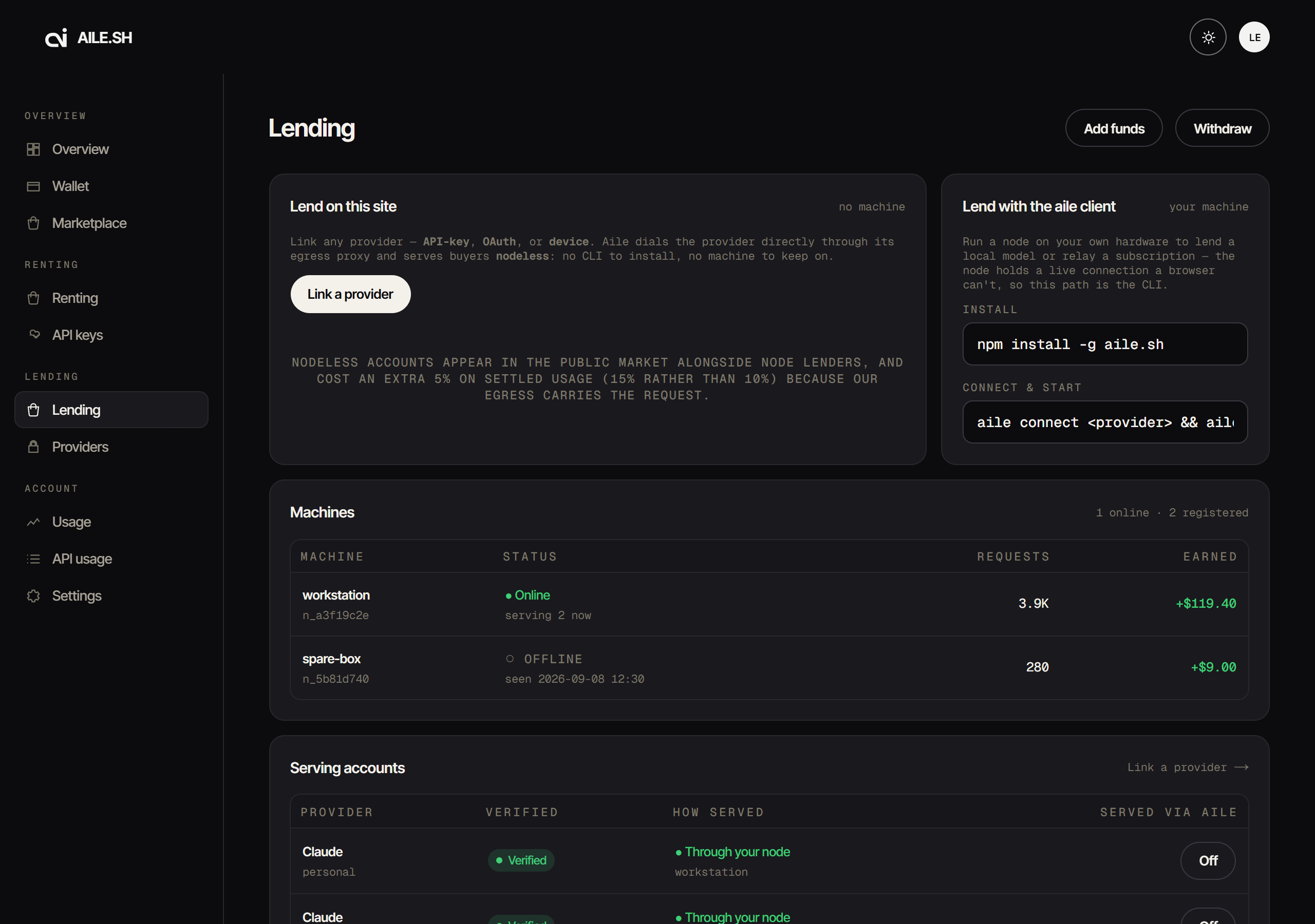 The sharing tab showing node status and connected accounts