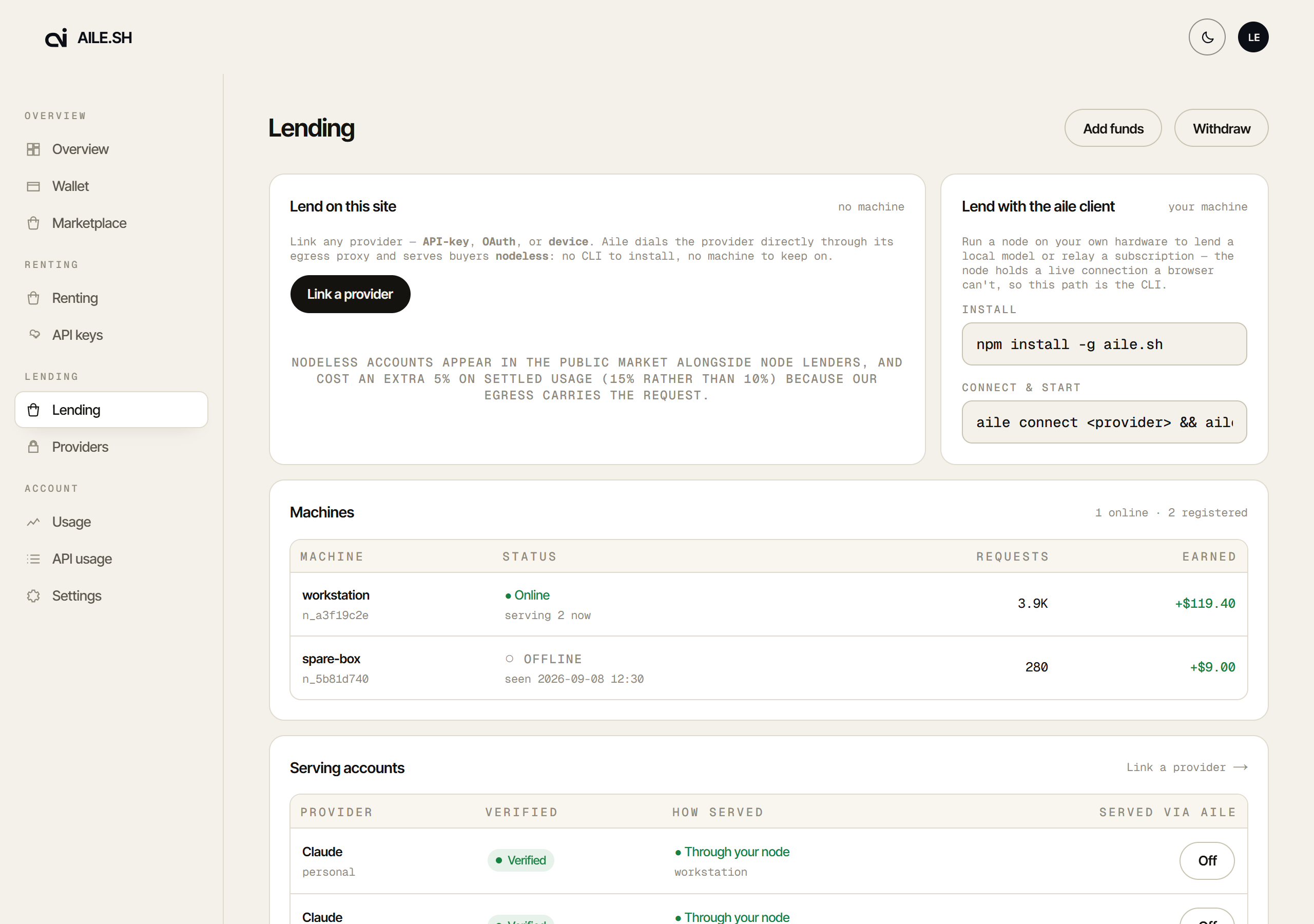 The sharing tab showing node status and connected accounts