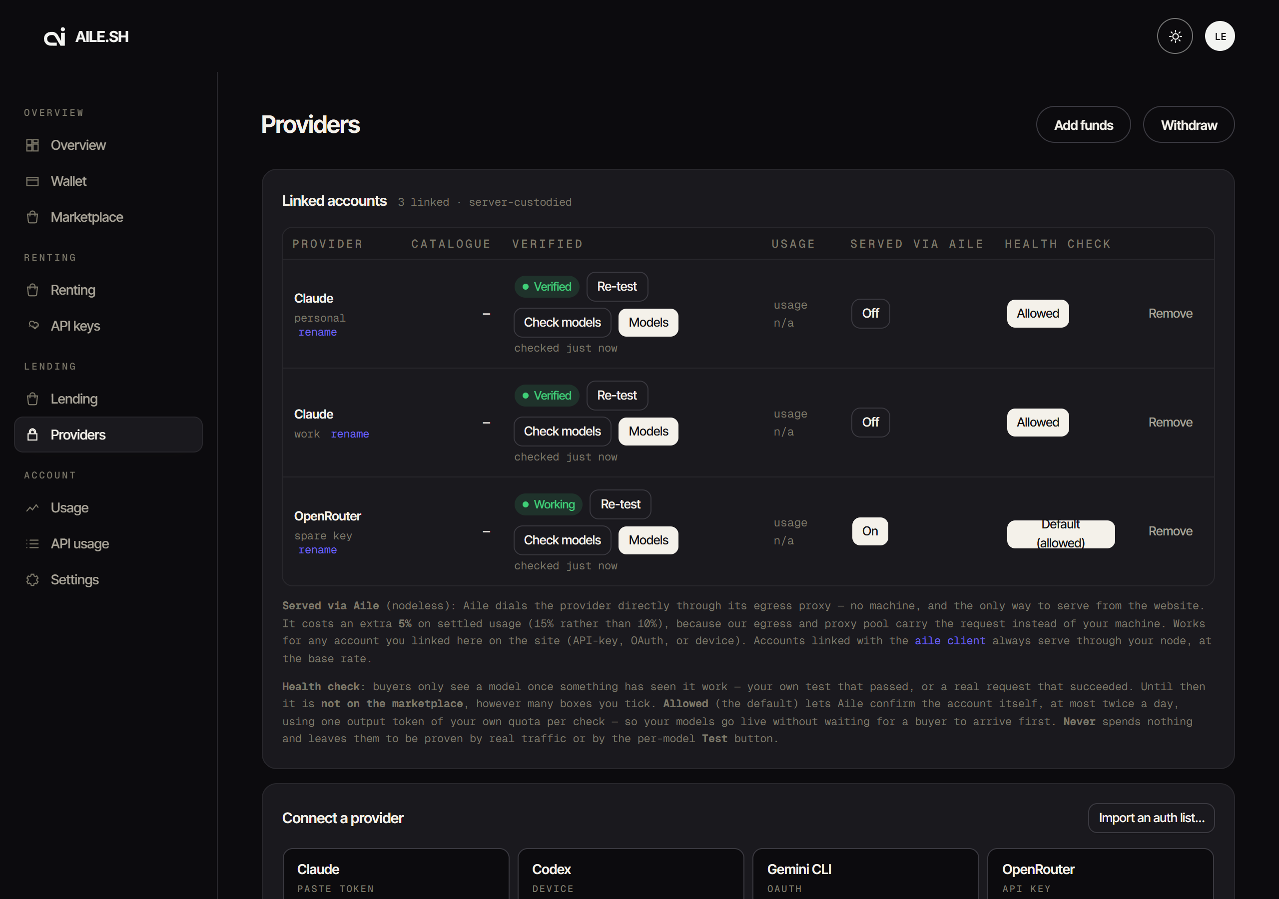 The providers tab, listing linked accounts with verification, listed models and route