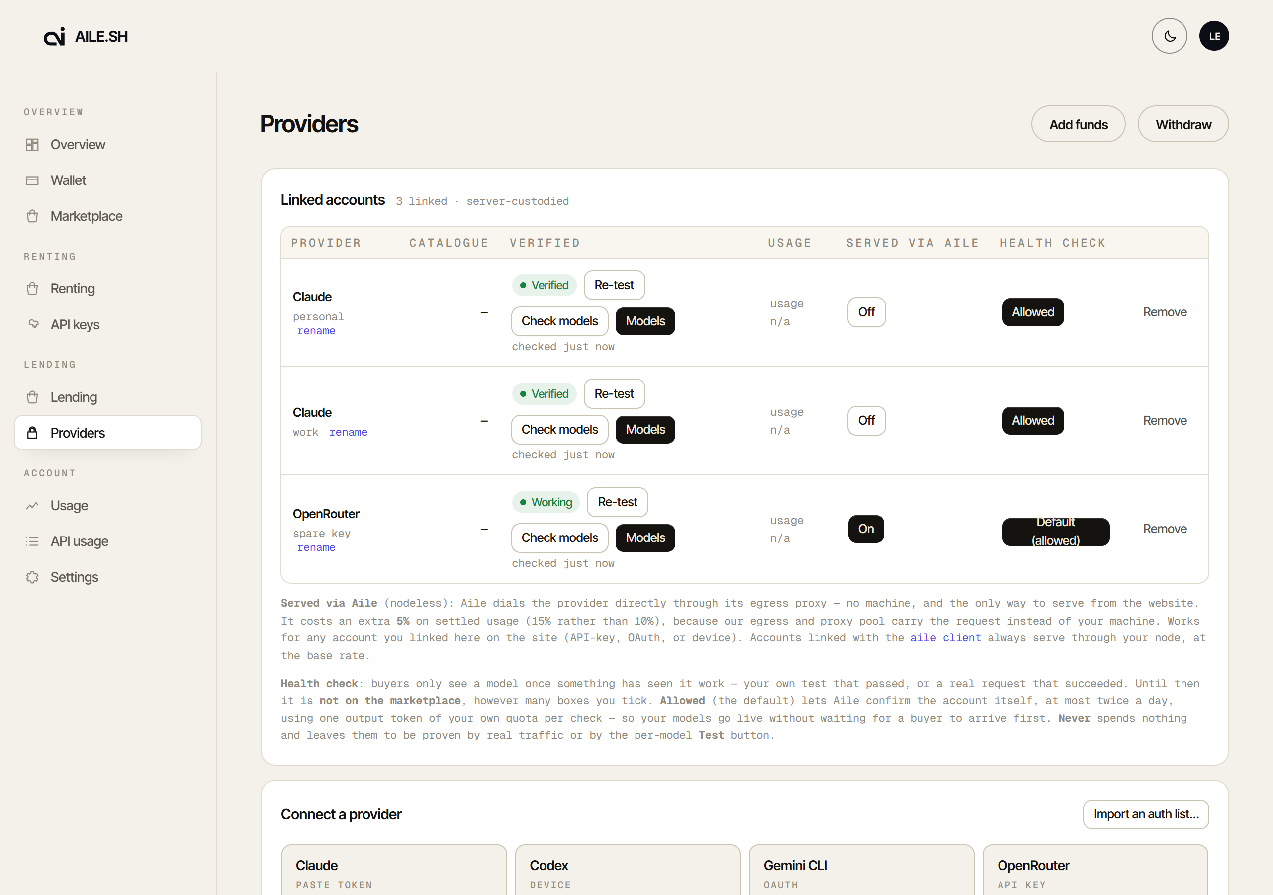 The providers tab, listing linked accounts with verification, listed models and route