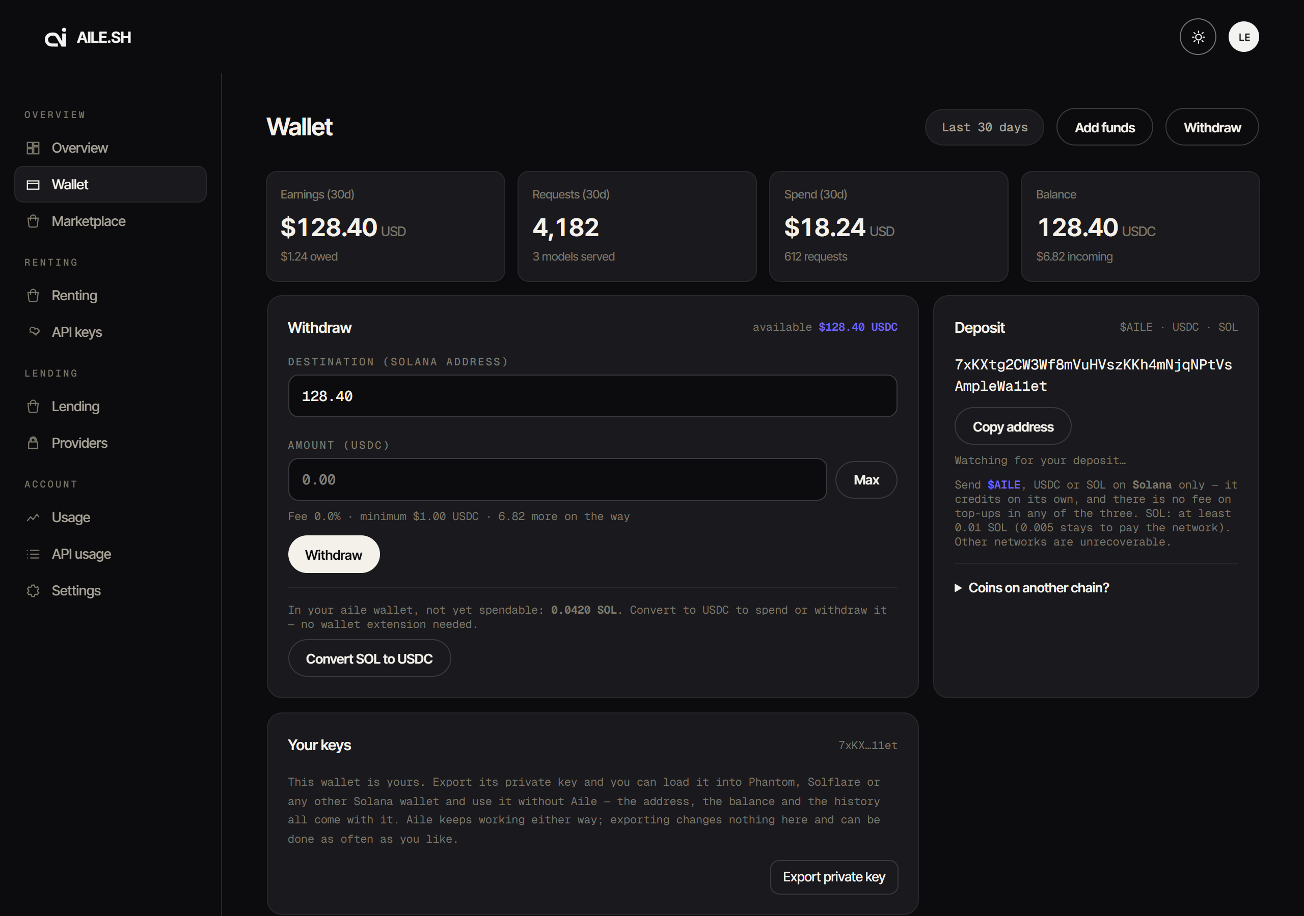 The wallet tab, showing balance, deposit address and recent deposits