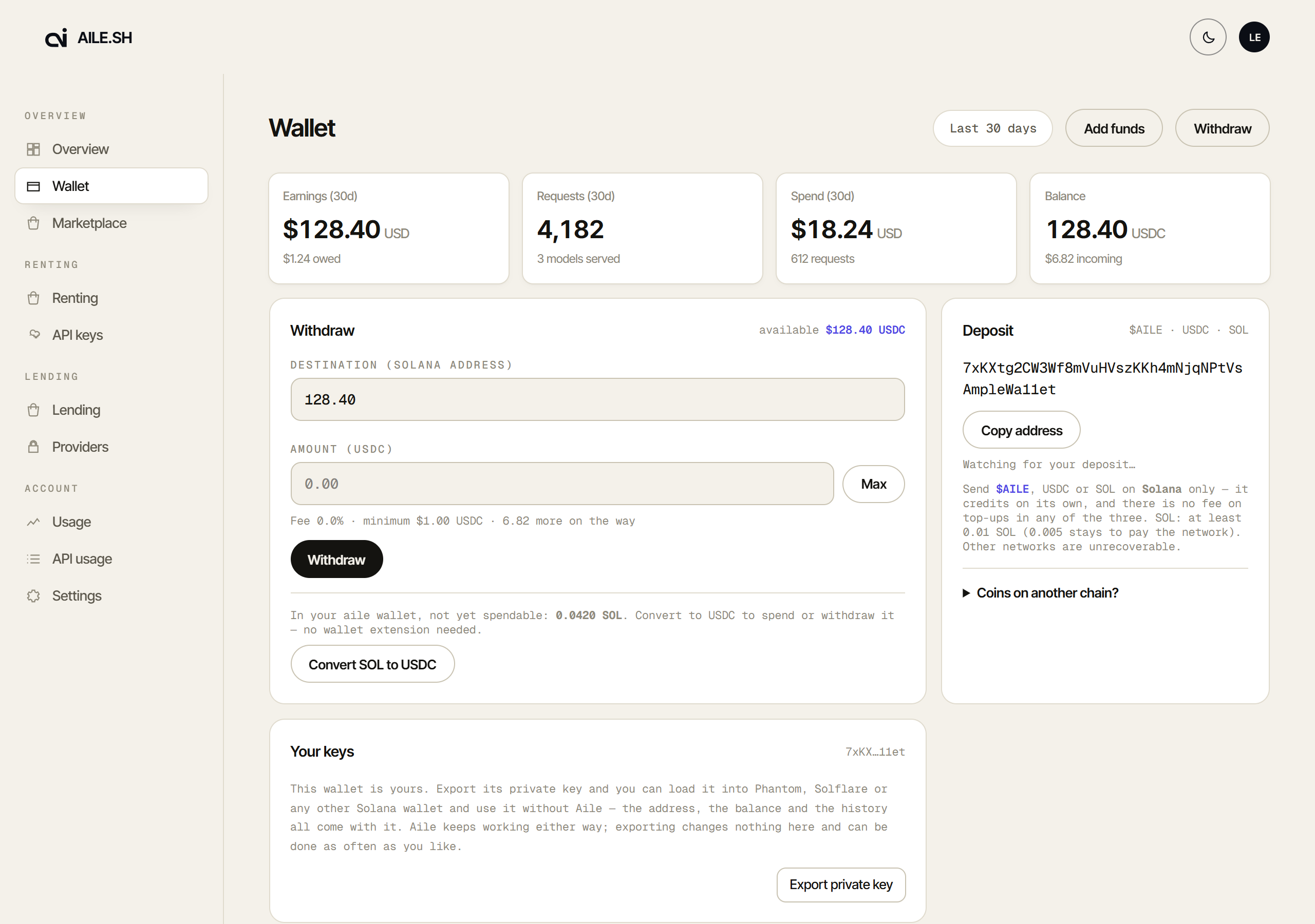 The wallet tab, showing balance, deposit address and recent deposits