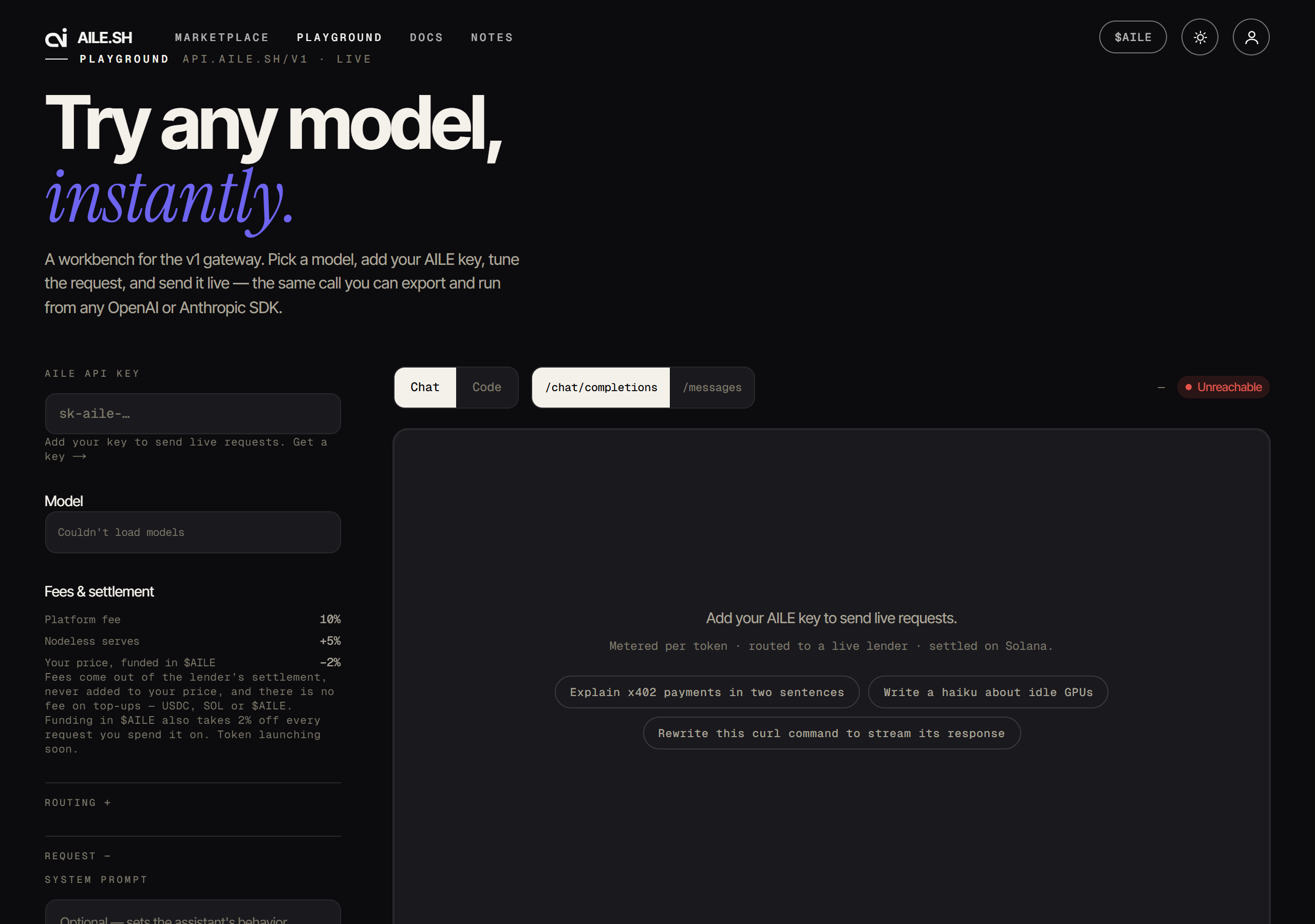 The playground, with a model picker, prompt and response panel