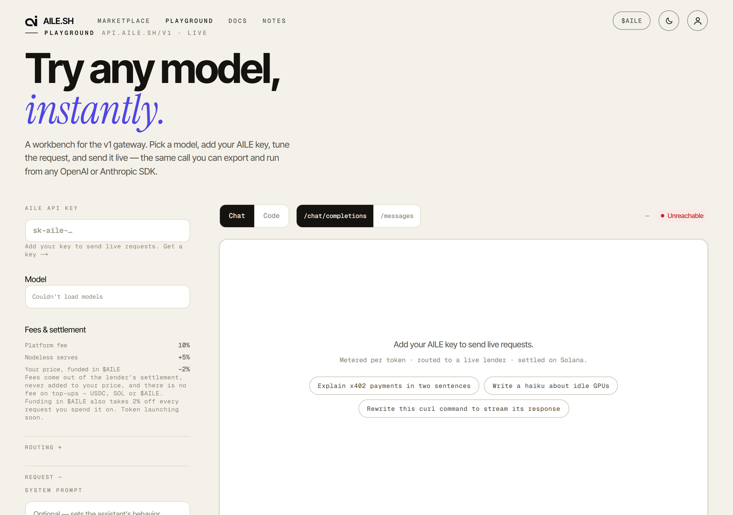 The playground, with a model picker, prompt and response panel